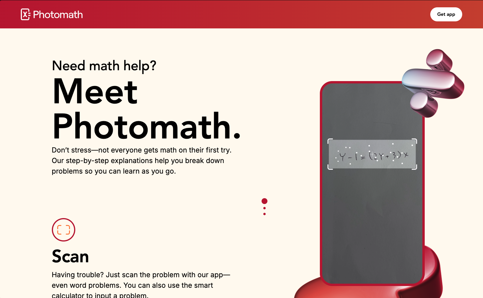 Photomath app interface showing step-by-step math problem solving