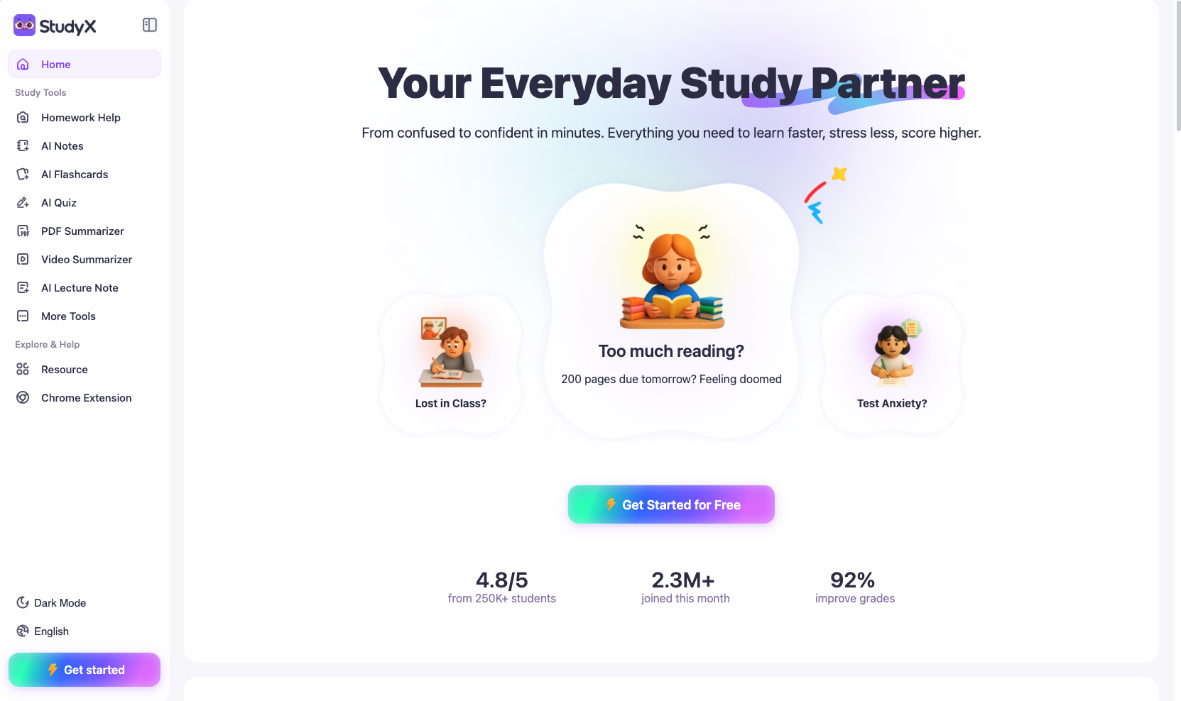 StudyX platform interface showing multi-subject homework support